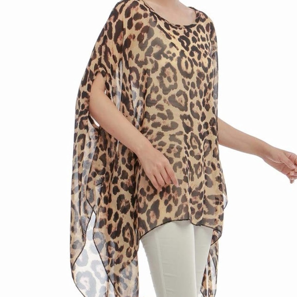 Leopard Print sheer Poncho batwing Y2K caftan top size 2-10 - Picture 2 of 3